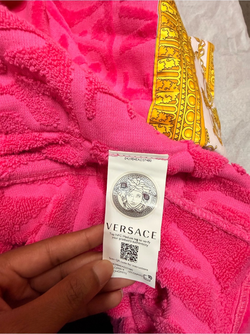 Versace Hot Pink Hooded Terry Robe Jacket with Gold Trim - Picture 10 of 10